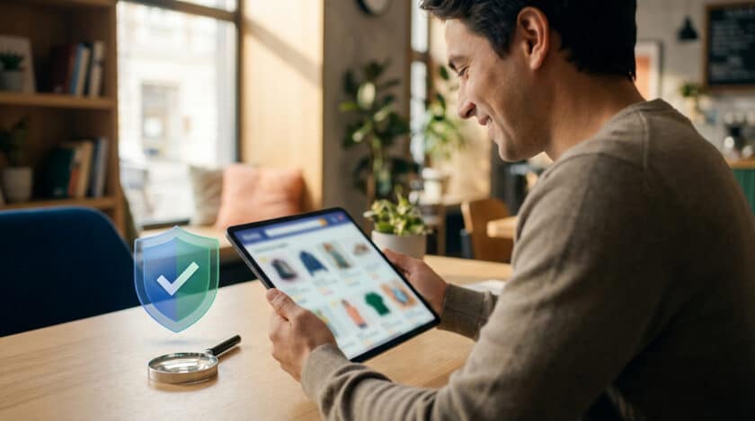 Homme souriant naviguant sur une tablette pour du shopping en ligne sécurisé. Un bouclier et une loupe sont sur la table.