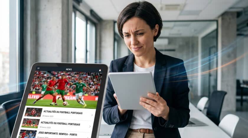 Femme consultant le journal Record sur tablette, affichant des actualités du football portugais avec une photo de match.
