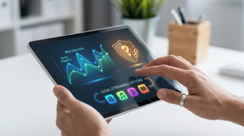 Une personne tient une tablette affichant des graphiques d'analyse web, une icône de sécurité et des options de streaming légal.