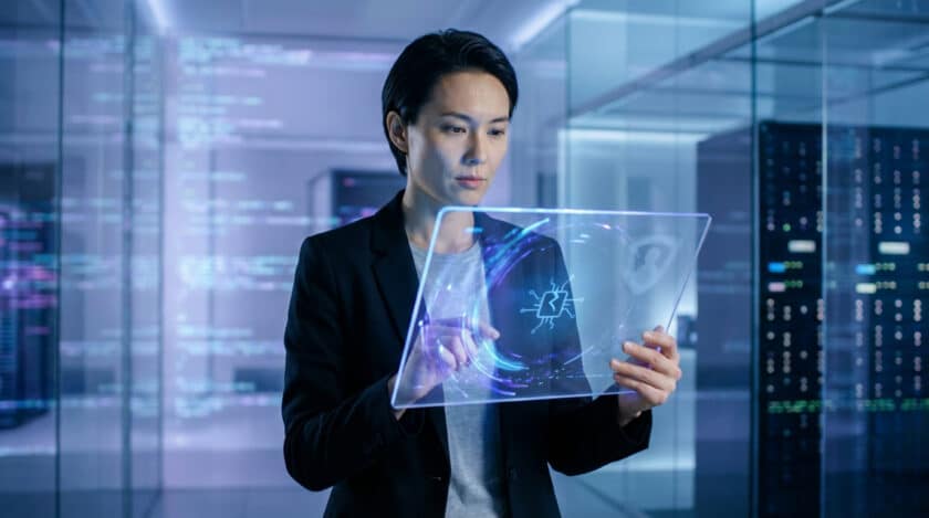 Une experte manipule une tablette holographique affichant des données et symboles de sécurité dans un centre de données futuriste.