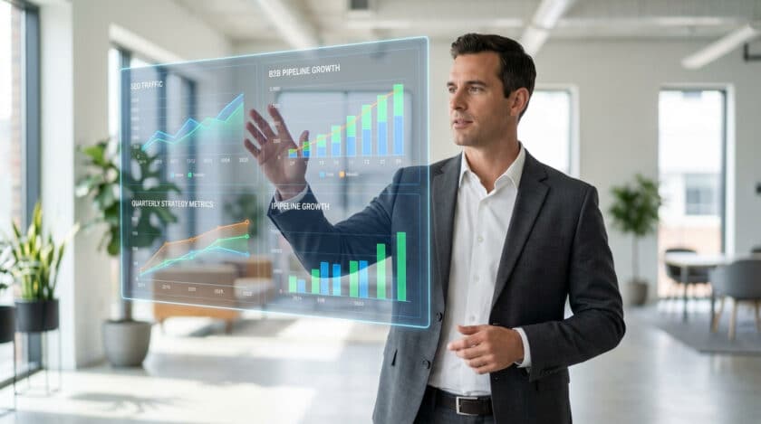 Homme en costume interagissant avec un écran holographique affichant des graphiques de trafic SEO et croissance de pipeline B2B dans un bureau moderne.