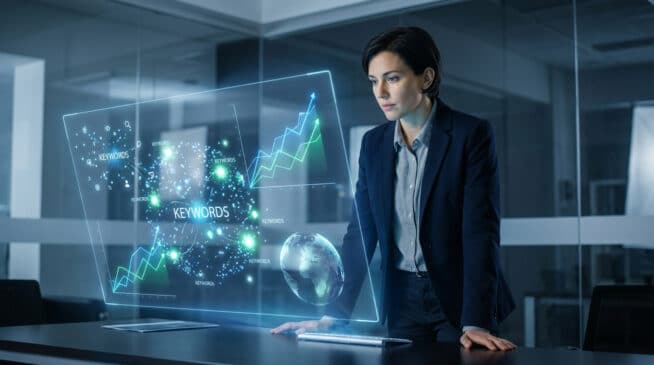 Femme d'affaires devant un écran holographique affichant des graphes de croissance, un réseau de mots-clés et un globe terrestre.