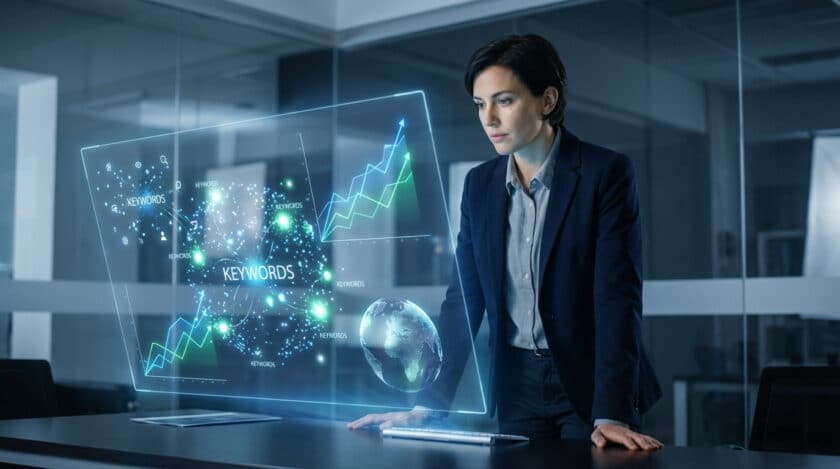 Femme d'affaires devant un écran holographique affichant des graphes de croissance, un réseau de mots-clés et un globe terrestre.