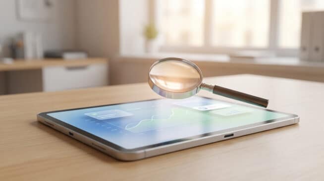 Loupe sur une tablette affichant des graphiques de performance et des données, dans un bureau lumineux.