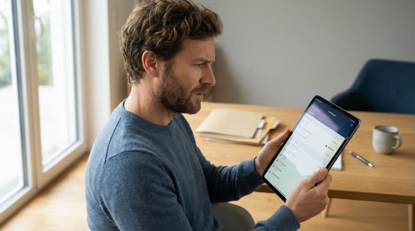 Homme barbu concentré, les sourcils froncés, regardant un relevé bancaire avec un prélèvement suspect sur sa tablette numérique.