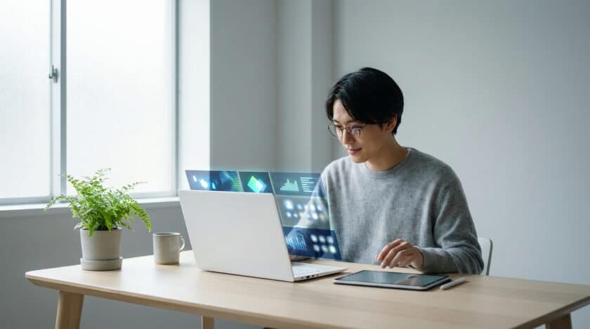 Jeune homme consultant des ressources pédagogiques via un ordinateur et des écrans holographiques. Environnement de travail moderne.