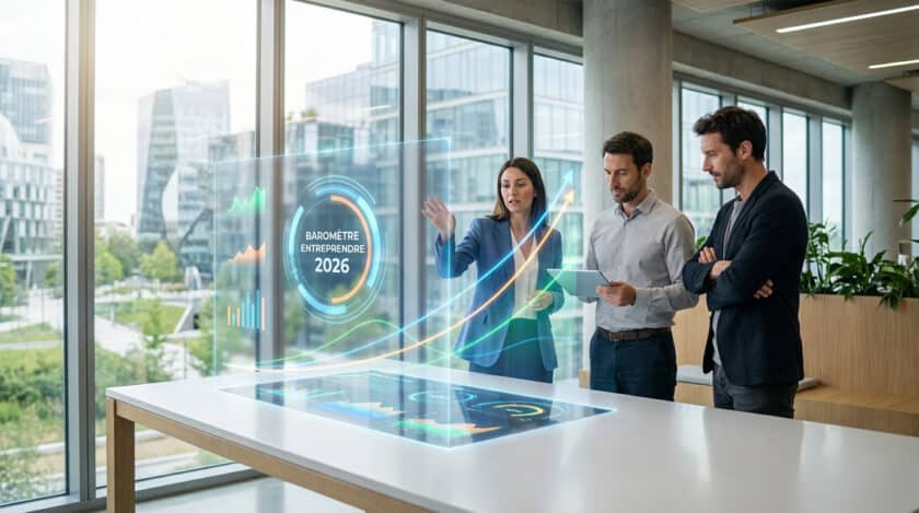 Trois professionnels étudient les données du Baromètre entreprendre 2026 sur un écran holographique interactif en bureau moderne.