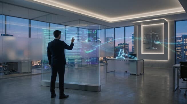 Un homme interagit avec un écran transparent futuriste affichant des données légales et des symboles de justice dans un bureau moderne.