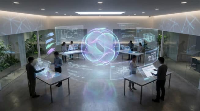 Bureau moderne avec personnes interagissant avec des écrans holographiques. Un orbe lumineux central symbolise données et cloud.