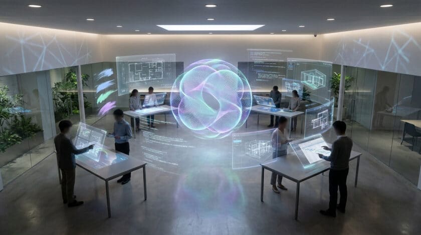 Bureau moderne avec personnes interagissant avec des écrans holographiques. Un orbe lumineux central symbolise données et cloud.