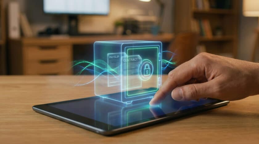Main touchant tablette affichant coffre-fort numérique hologramme avec documents RH (fiches de paie, contrats) sécurisés.