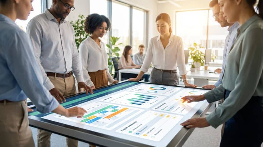 Groupe de 6 professionnels interagissant avec un grand écran tactile affichant un tableau de bord RH avec graphiques et données.