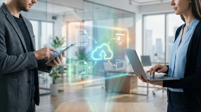 Deux professionnels interagissent avec des fichiers dans le cloud via tablette et ordinateur portable, symbolisant la collaboration numérique.