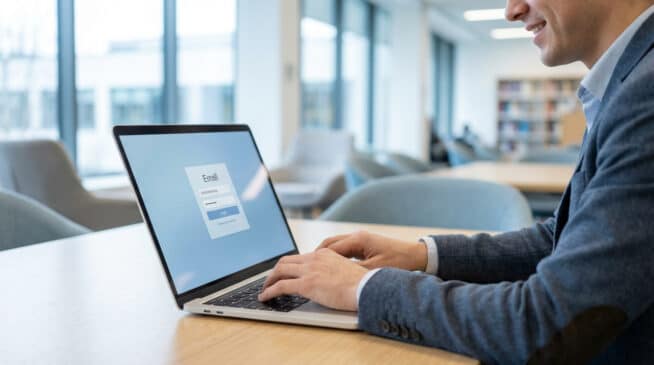 Un homme souriant se connecte à son webmail académique sur un ordinateur portable, l'écran affiche le formulaire d'accès.
