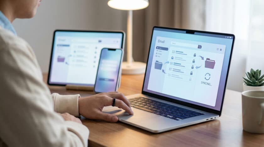 Personne utilisant un laptop avec interface email en synchronisation. Un smartphone et une tablette sont visibles en arrière-plan sur le bureau.
