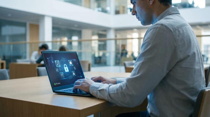 Homme concentré sur un laptop affichant un grand cadenas et d'autres symboles de sécurité numérique, dans un bureau moderne.