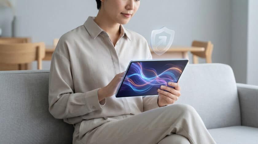 Une personne utilise une tablette avec un écran abstrait coloré et une icône de bouclier lumineuse pour la sécurité numérique.