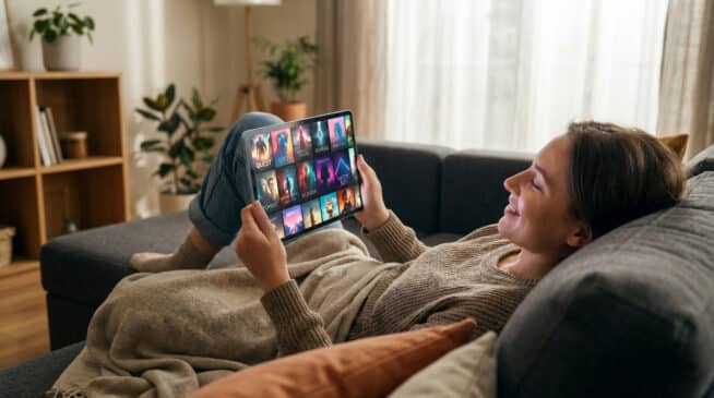 Jeune femme souriante et détendue sur un canapé, naviguant sur une tablette affichant l'interface d'un service de streaming.