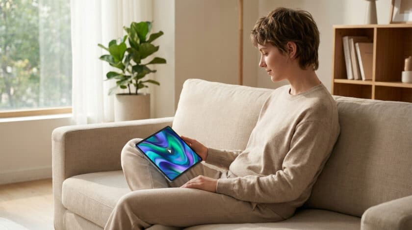 Femme aux cheveux courts, vêtue de beige, assise sur un canapé clair et consultant une tablette à l'écran coloré dans un intérieur lumineux.