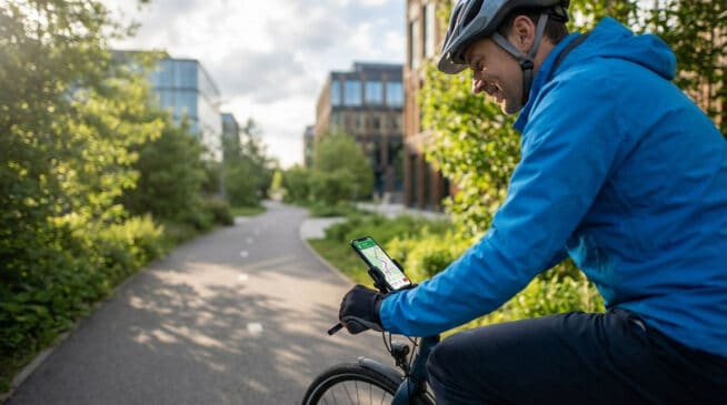 Cycliste en casque et veste bleue utilisant un smartphone GPS sur son guidon. Piste cyclable arborée avec bâtiments modernes.