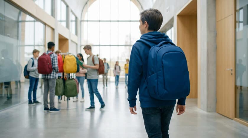 Jeune collégien de dos avec un sac à dos bleu dans un couloir d'école moderne, d'autres élèves devant un présentoir de sacs.