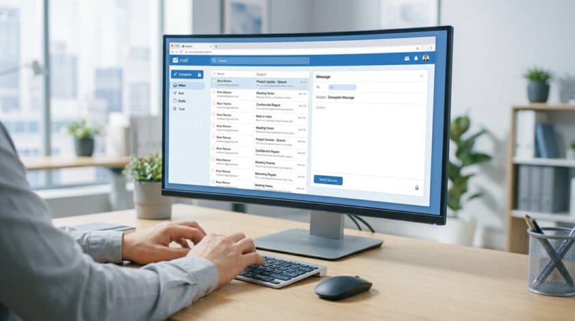 Personne utilisant un ordinateur pour son webmail, affichant une boîte de réception et l'option d'envoyer un message sécurisé.