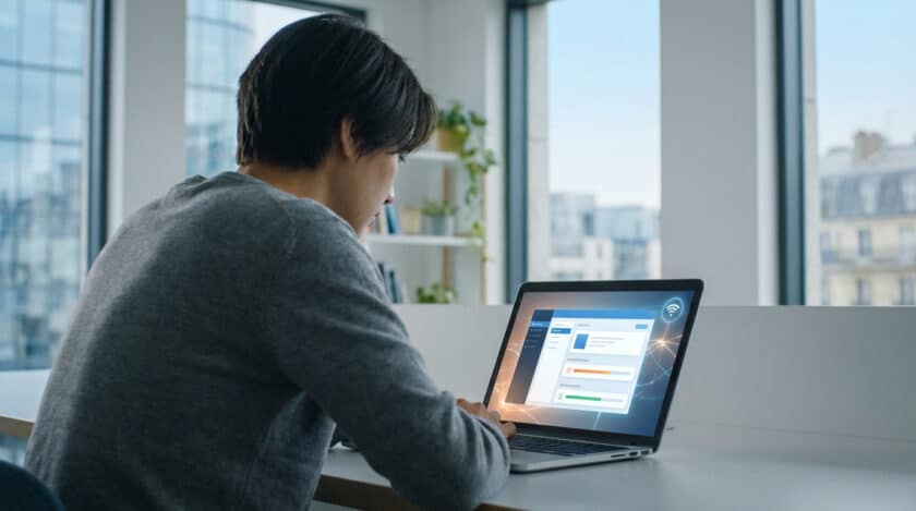 Jeune personne devant un laptop, l'écran montre des indicateurs de connexion Wi-Fi et des barres de progression.