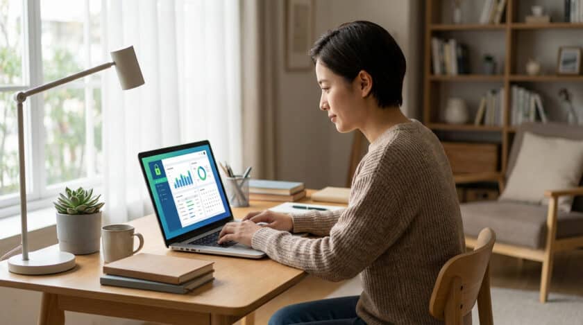Jeune femme utilise son ordinateur portable pour se connecter à l'Extranet ESG, l'écran affichant des données sécurisées.