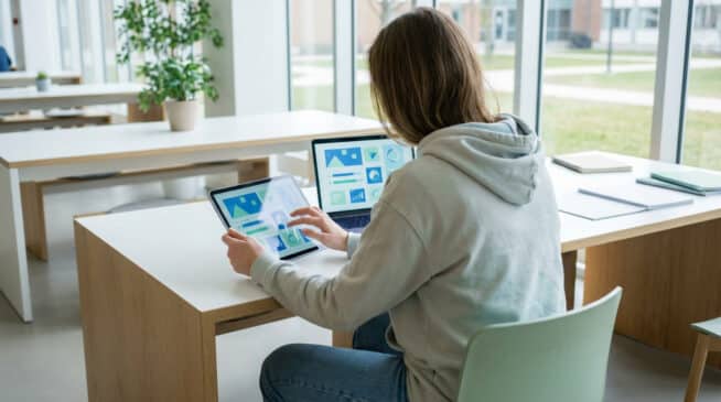 Personne de dos utilisant une tablette et un ordinateur portable, affichant des tableaux de bord, dans un espace d'étude moderne du CNAM.