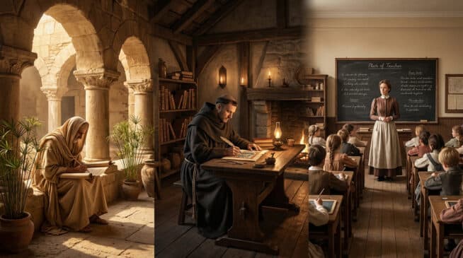 Image composite montrant l'évolution de l'éducation : un scribe ancien, un moine copiste médiéval et une classe du XIXe siècle.