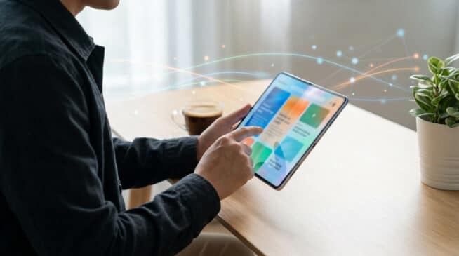 Personne naviguant sur une tablette affichant des tuiles d'actualités colorées, avec des lignes lumineuses représentant la connectivité. Café et plante.