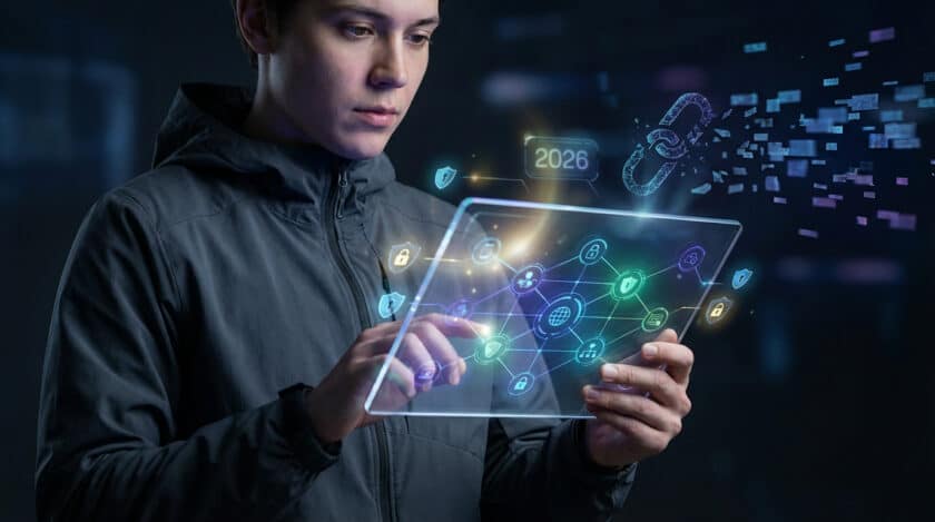 Jeune homme manipulant une tablette holographique affichant un réseau sécurisé. L'année 2026 et un maillon brisé flottent.