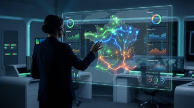 Opératrice en salle de contrôle devant un écran transparent affichant la carte de France et des données sur la production d'électricité.