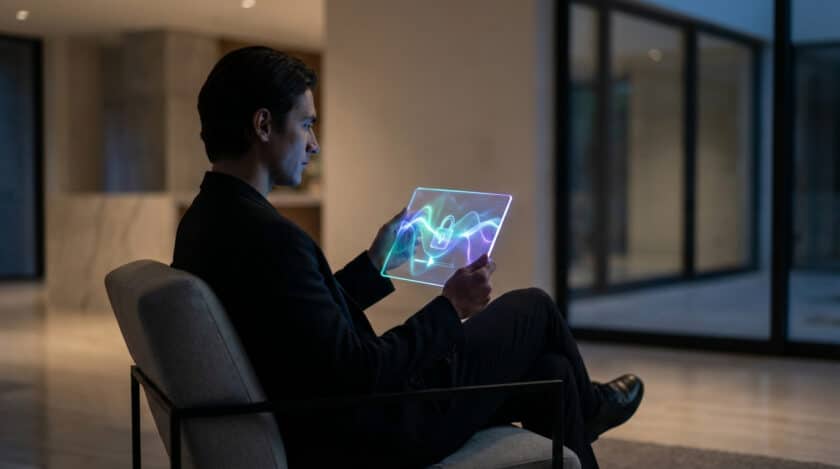 Homme en costume tient une tablette transparente affichant un cadenas lumineux. Il est assis dans un intérieur moderne et futuriste.