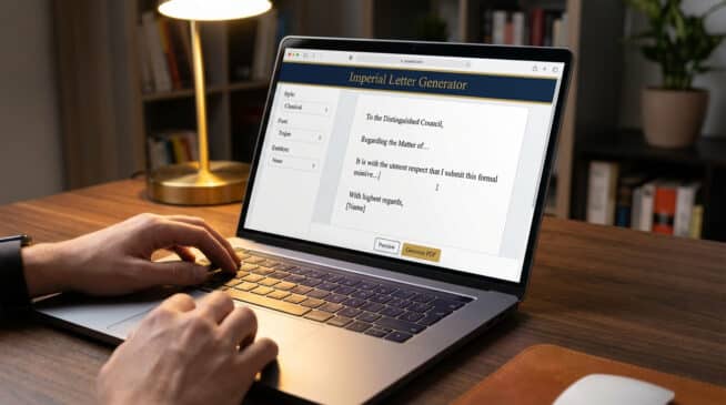 Personne tapant sur un ordinateur portable affichant un générateur de lettres formelles pour créer des courriers impériaux.