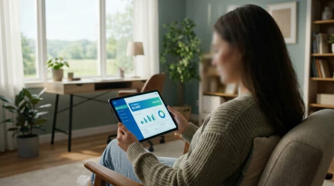 Femme utilisant une tablette pour consulter ses comptes bancaires Crédit Agricole dans un intérieur lumineux et confortable.