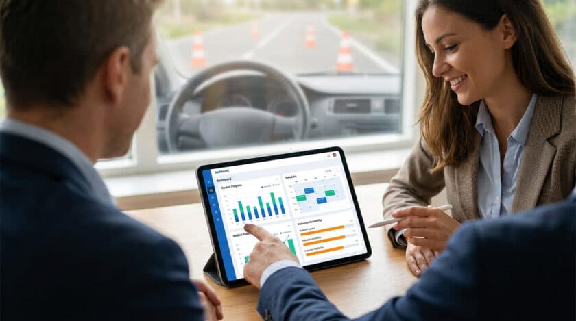Deux personnes regardent un tableau de bord sur une tablette, affichant des données de progression et des plannings pour auto-école. Des cônes de signalisation sont visibles en arrière-plan.