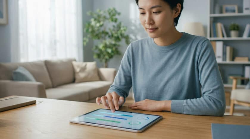 Jeune femme utilisant une tablette pour consulter le suivi de ses demandes d'aide Action Logement, avec des barres de progression.