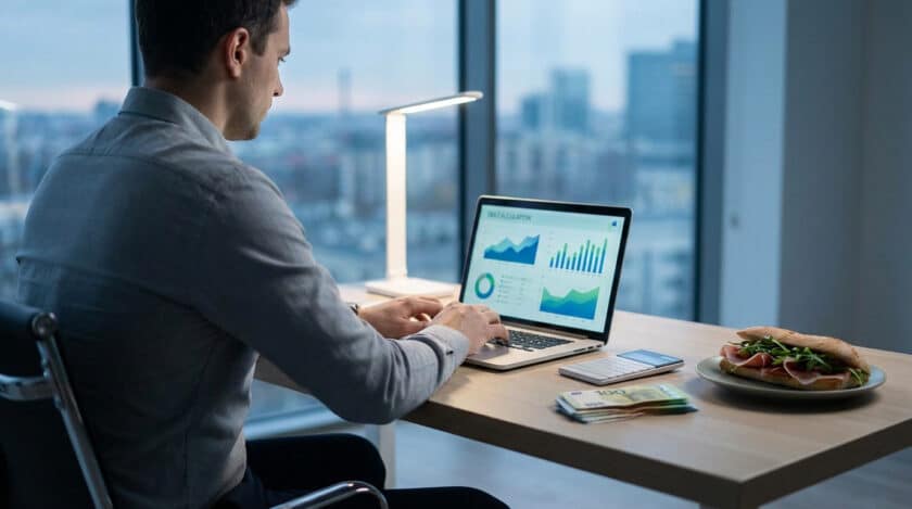 Homme travaillant sur ordinateur portable avec graphiques financiers, un sandwich, calculette et billets en euros sur le bureau.
