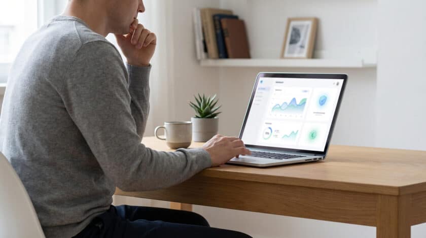 Homme concentré devant un ordinateur portable affichant un tableau de bord financier. Tasse et plante sur table en bois.
