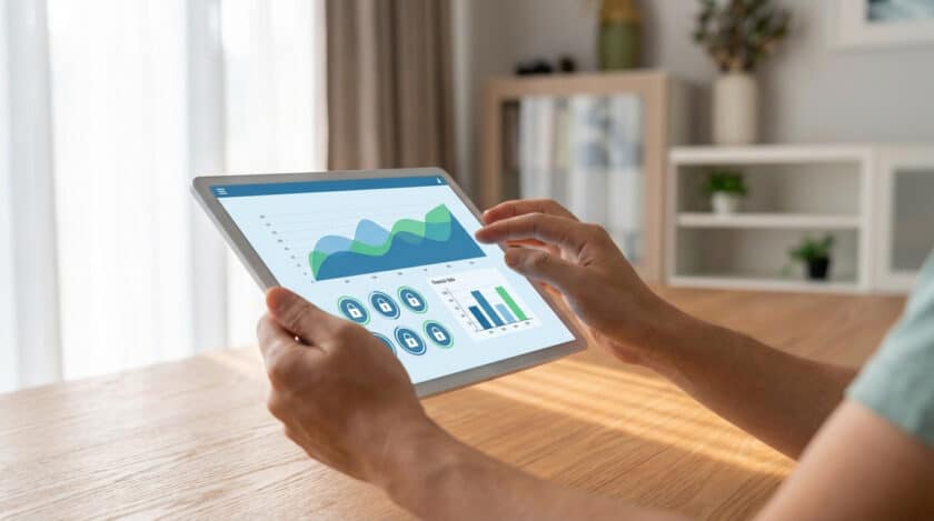 Personne utilisant une tablette affichant des graphiques financiers et des icônes de sécurité, symbolisant le service LeFil.
