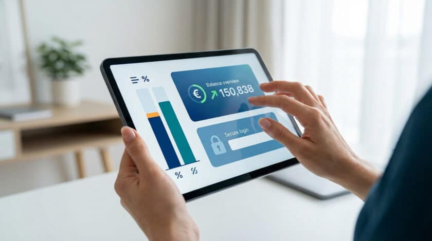 Mains d'une personne naviguant sur une tablette affichant un tableau de bord financier avec solde, graphiques et zone de connexion sécurisée.