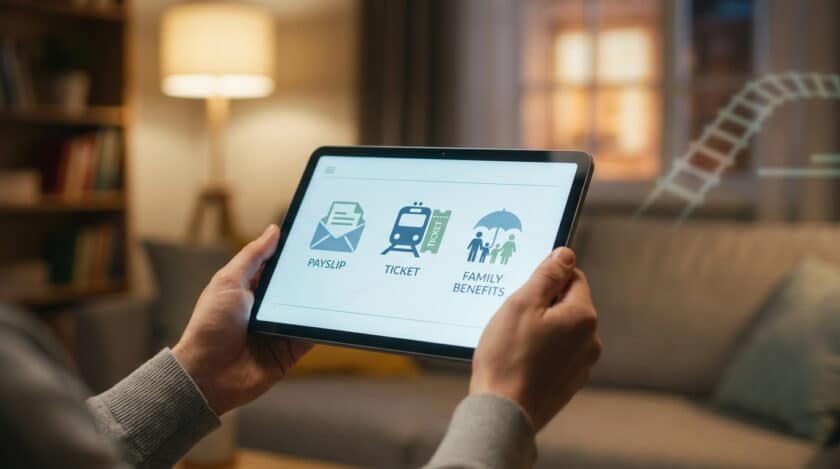 Une personne tient une tablette affichant des icônes pour la fiche de paie, les billets et les prestations familiales dans un salon.