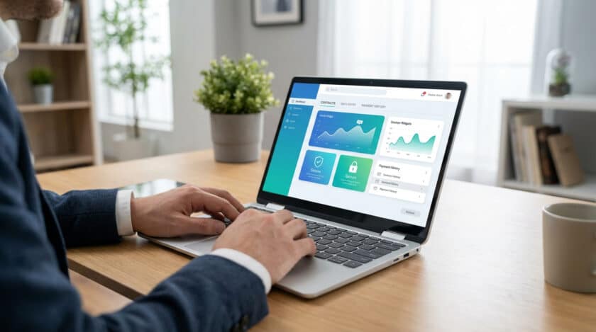 Un professionnel utilise un ordinateur portable affichant le tableau de bord SYLAé, facilitant le pilotage des contrats aidés.
