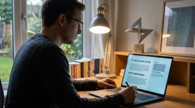 Un homme concentré écrit un blog tech sur son laptop dans un bureau lumineux. Livres, lampe et art geek complètent le décor.
