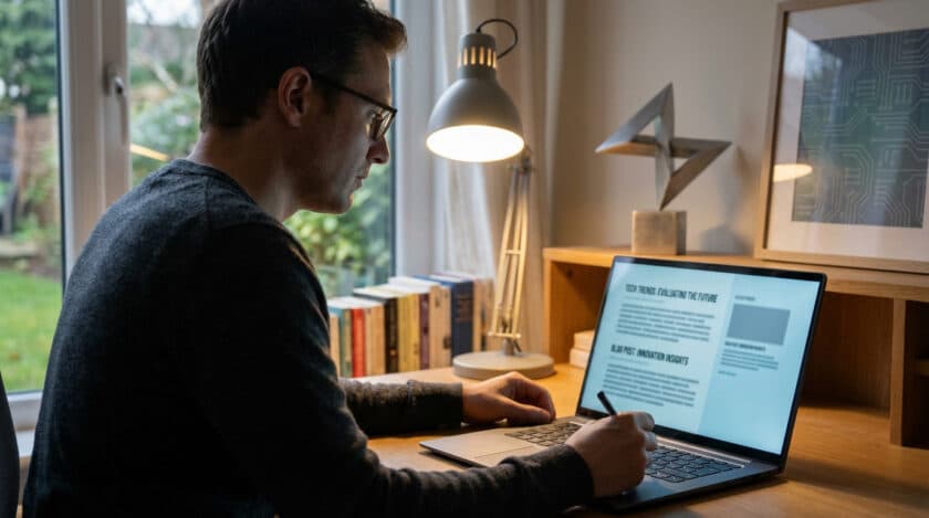 Un homme concentré écrit un blog tech sur son laptop dans un bureau lumineux. Livres, lampe et art geek complètent le décor.