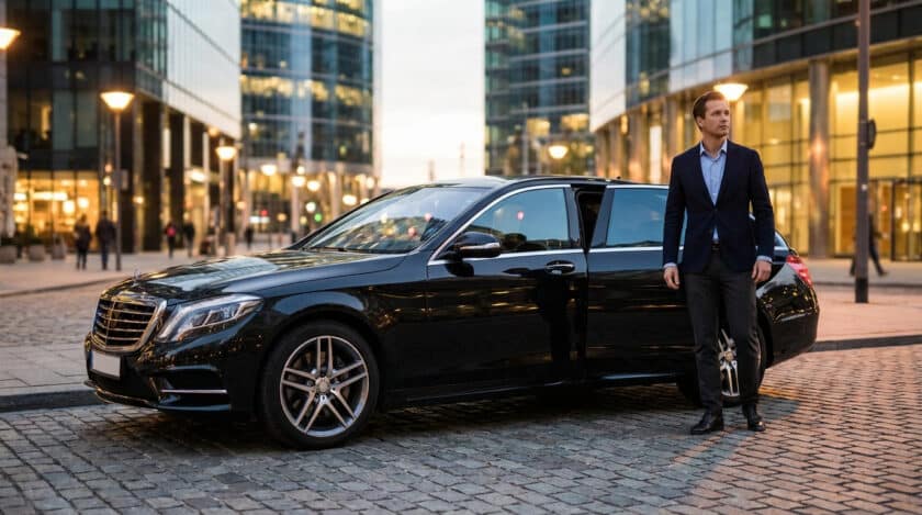Un homme élégant en costume se tient à côté d'une Mercedes noire de luxe sur une rue pavée, avec des bâtiments modernes éclairés en arrière-plan.