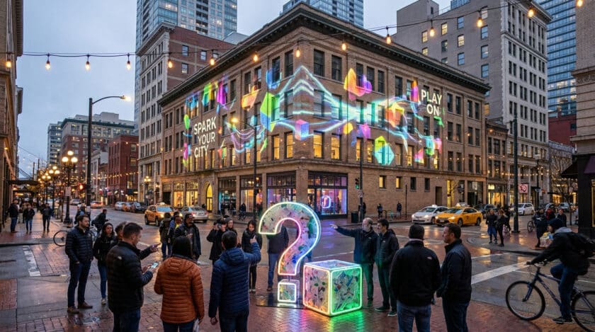 Rue urbaine de nuit avec projection colorée sur un bâtiment et sculpture lumineuse en forme de point d'interrogation, entourées de passants.