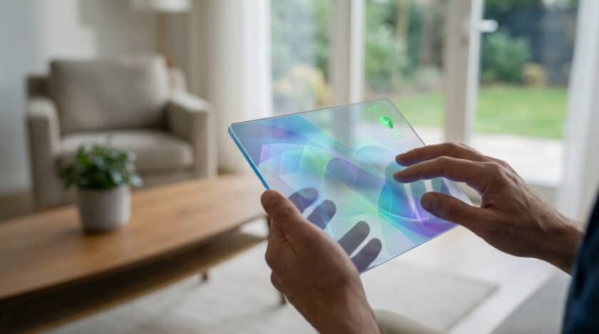Mains tenant et interagissant avec une tablette transparente aux motifs abstraits colorés, dans un salon moderne.