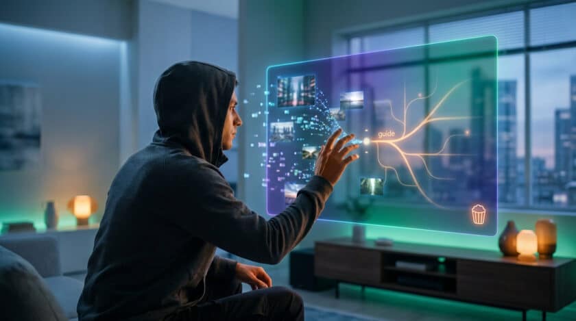 Un homme en sweat manipule une interface holographique transparente affichant médias, guide et icône popcorn, dans un salon moderne.